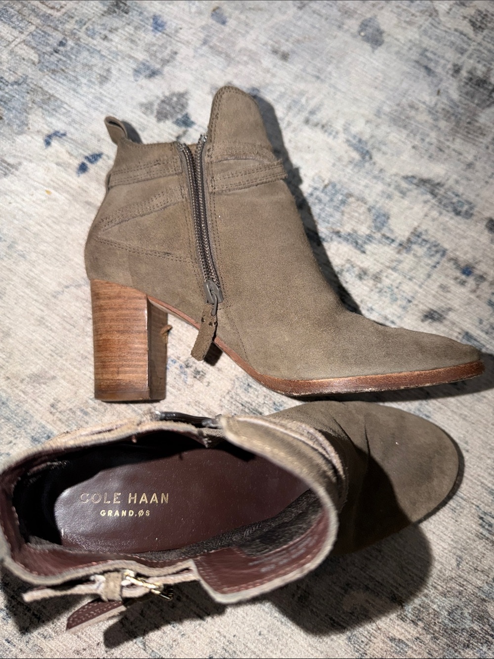 Cole Haan Olive Suede Ankle Booties with Stacked Heel
